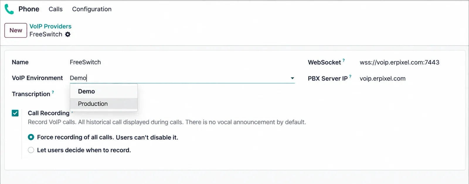 FreeSWITCH VoIP provider settings in Odoo with environment selection and call recording options