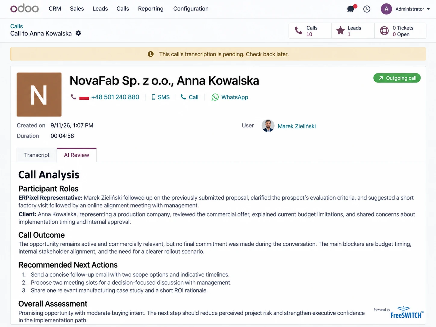 Conversation review with the optional AI transcription and analysis extension.
