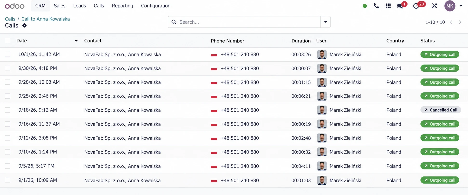 Call history in Odoo, with communication records and access to recordings.