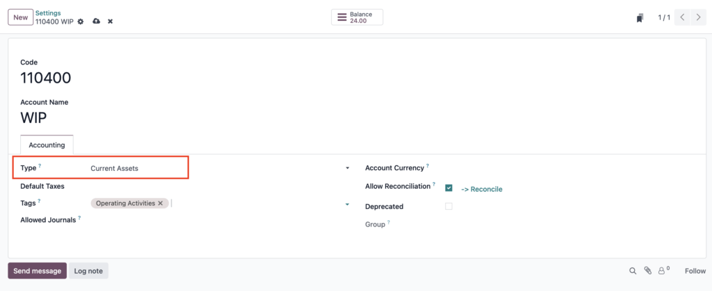 Odoo 18 accounting view showing current assets for work in progress