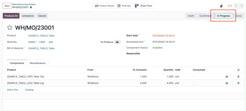 Odoo 18 manufacturing order with production in progress