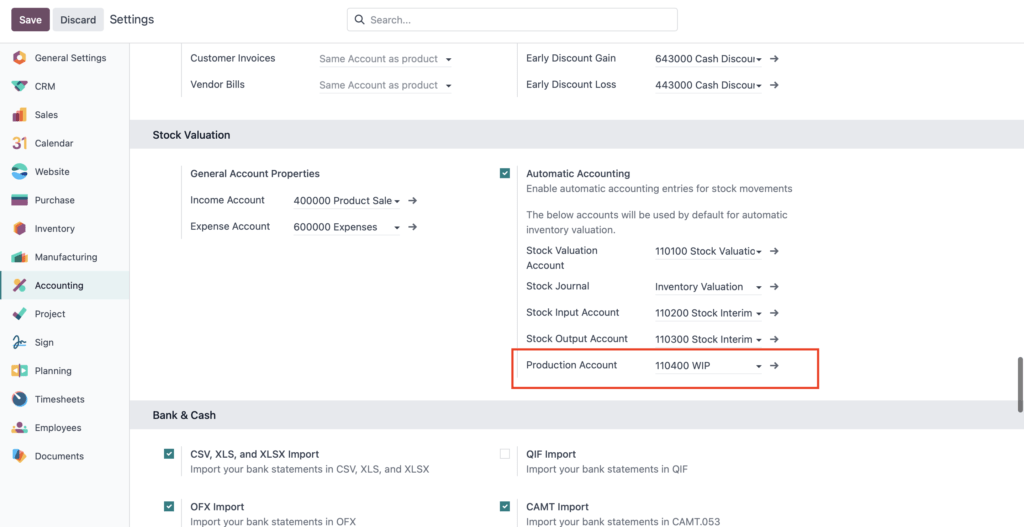Odoo 18 manufacturing settings used for the WIP workflow