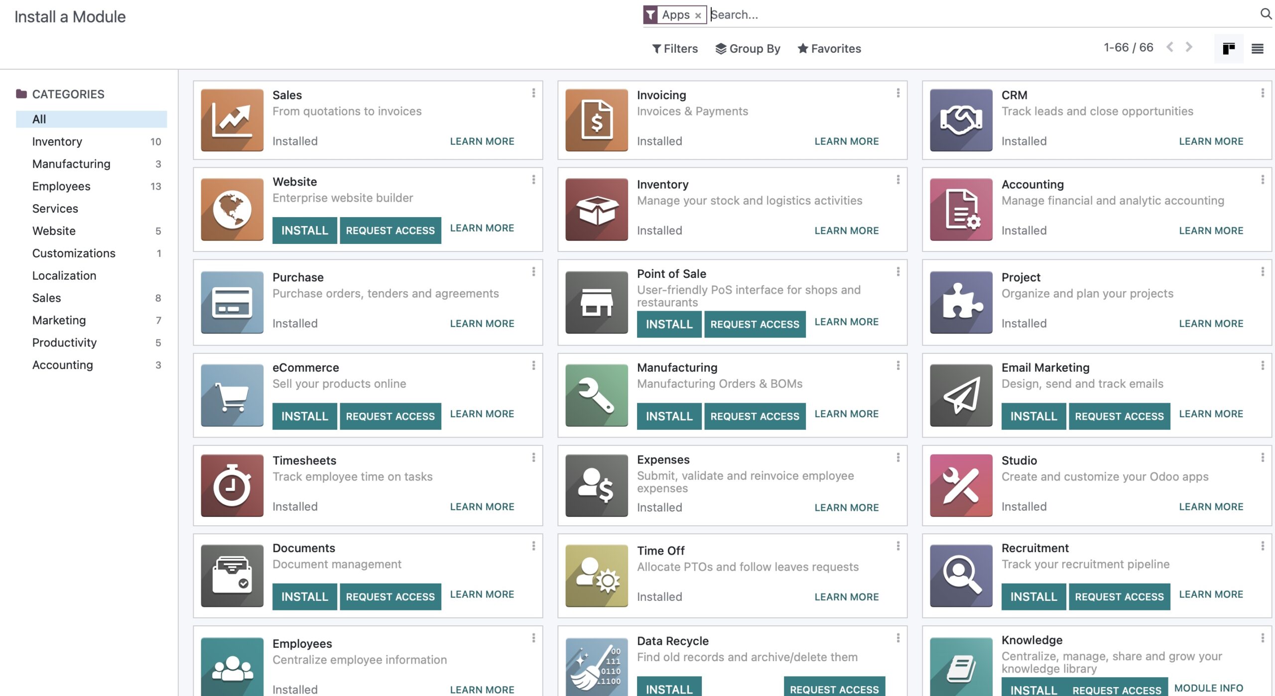 Odoo Apps screen showing an app installation option