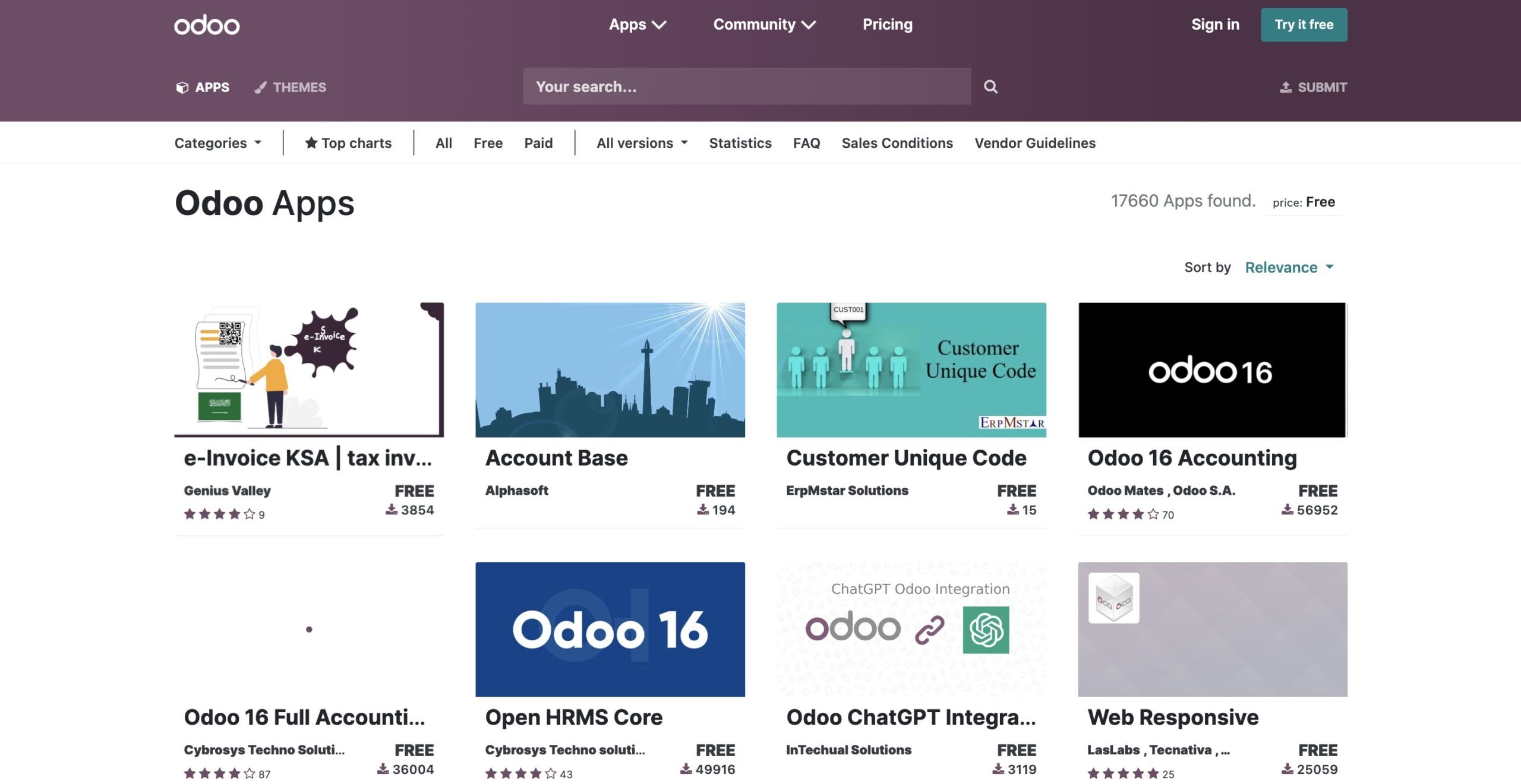 Odoo Apps marketplace listings from the earlier article