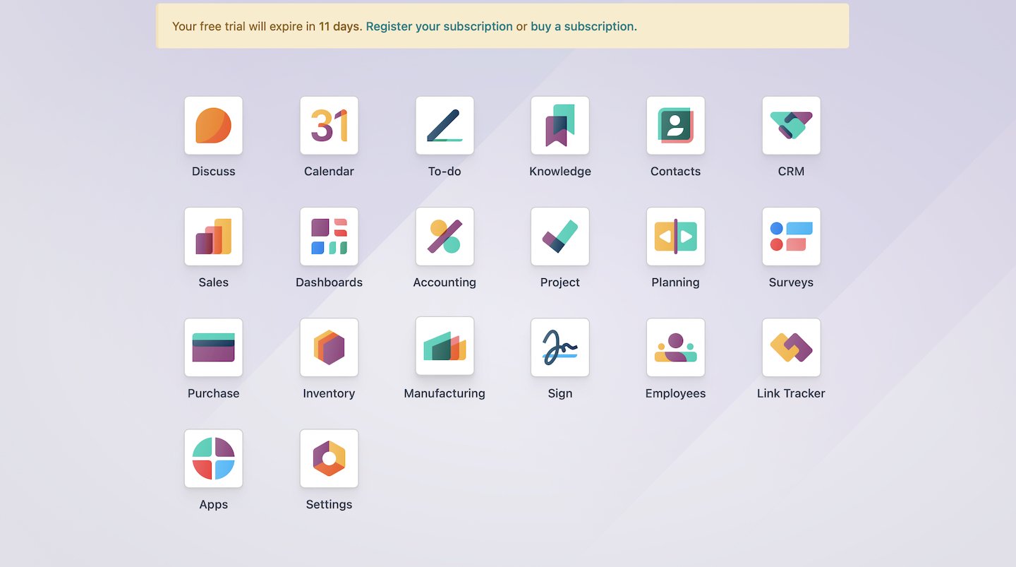 Odoo app launcher with business application icons