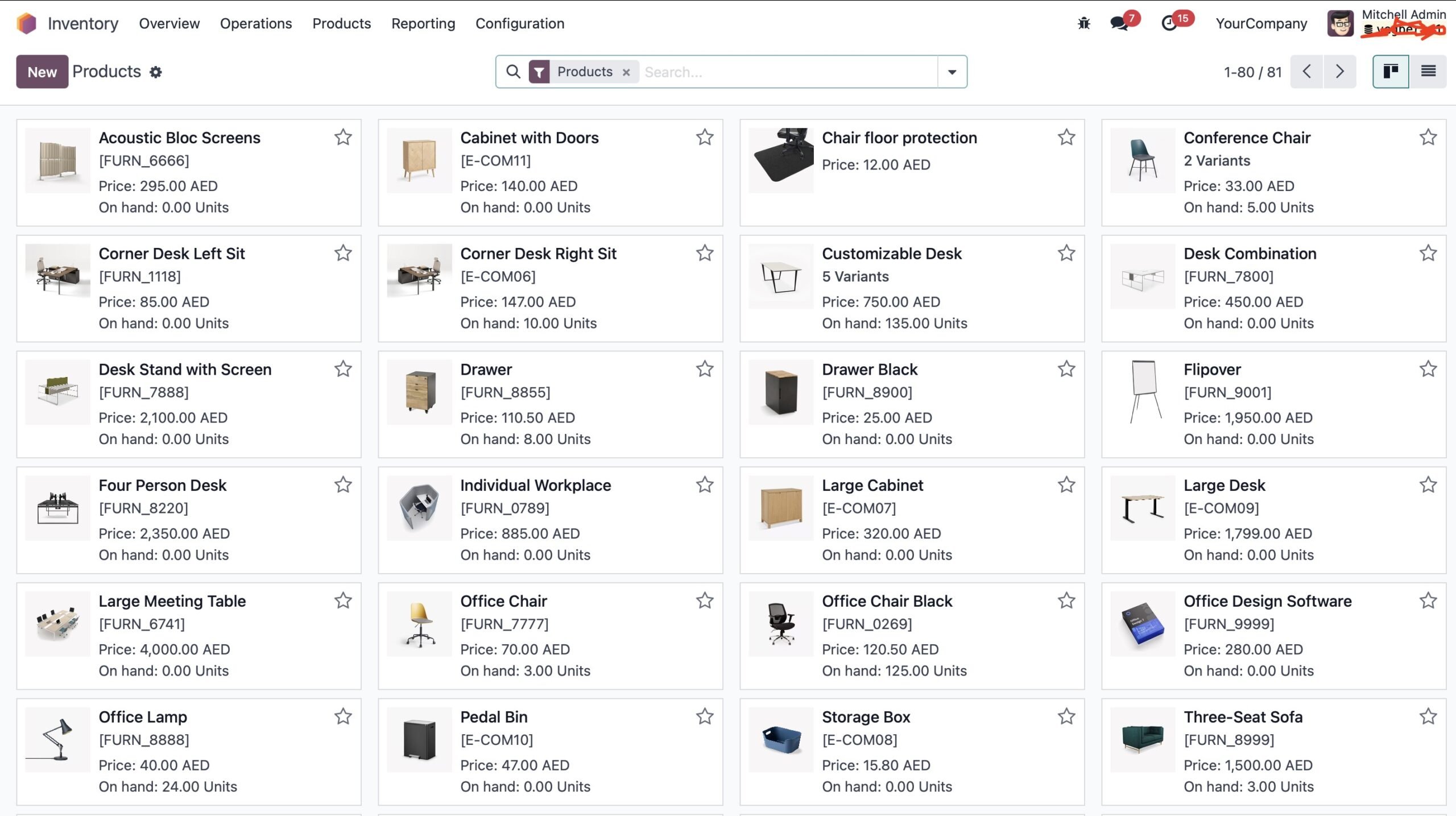 Odoo product records displayed as cards